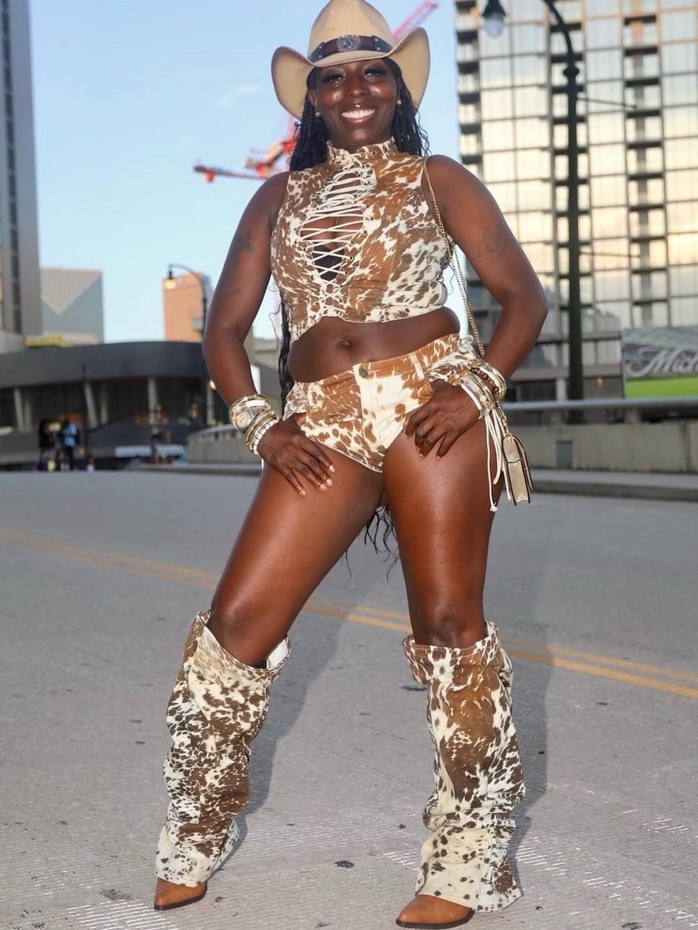 Cow Print Print Lace-Up Crop Top & Shorts Set in Brown and White